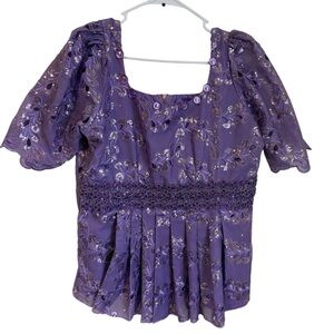 Short Sleeve Purple Embroidered Floral Lace Peplum Women’s Blouse with Sequins